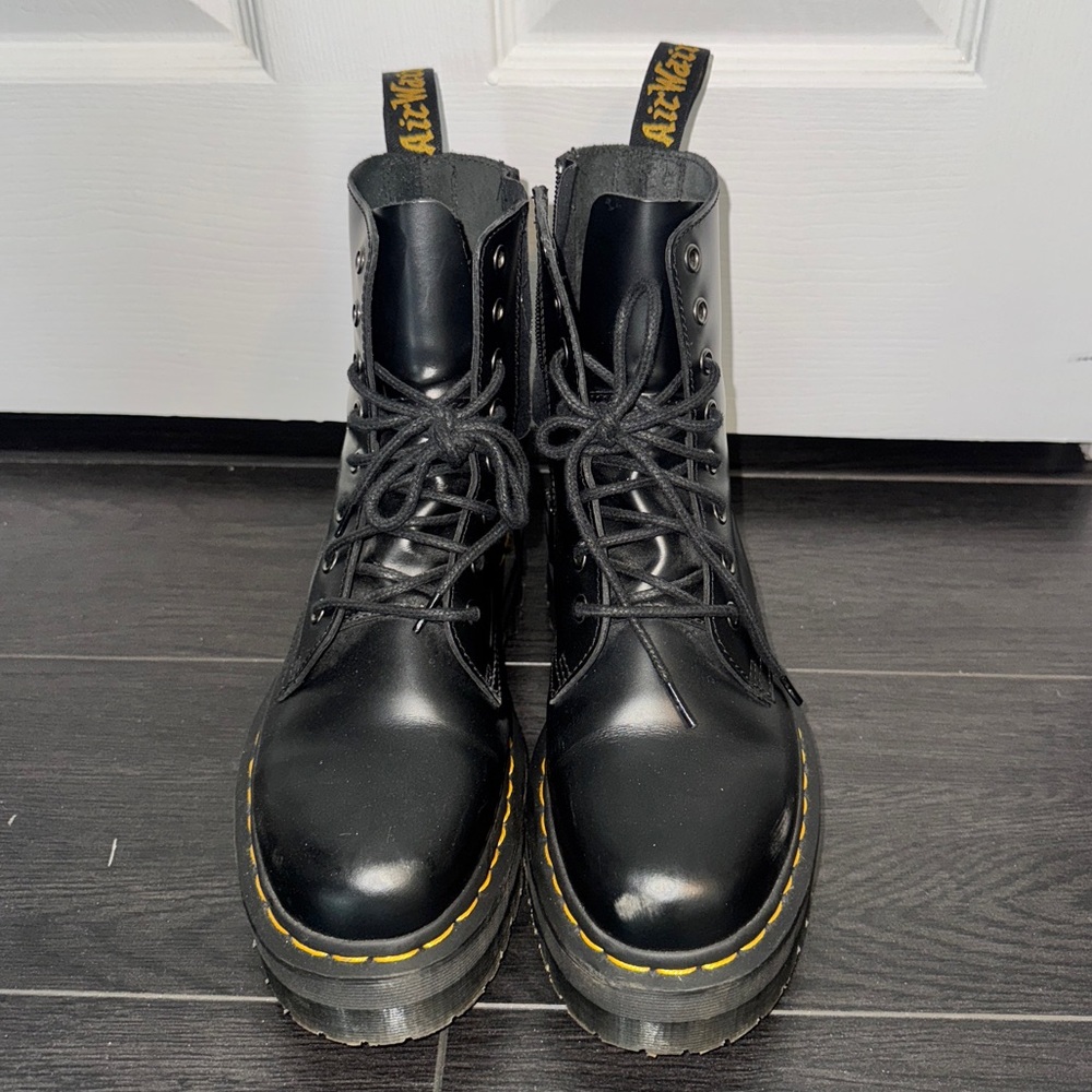 Dr. Martens Black Jadon Platform Lace-Up Boots with Yellow Welt - Picture 5 of 10